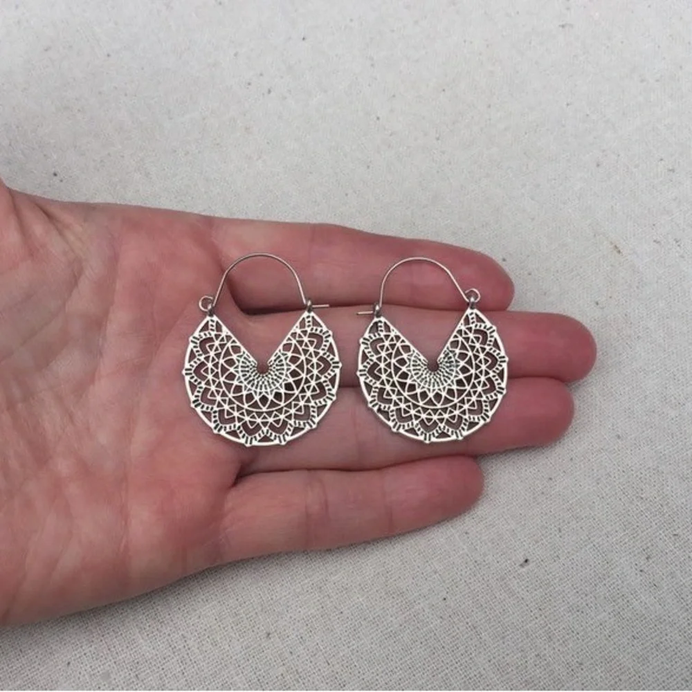 New Bohemian Mandala Minimalist Cut Out Hypoallergenic Silver Hoop Earrings
